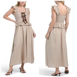 Moon River Brown Gingham Flitter Sleeve Maxi Dress with Ruffle And Bow Details